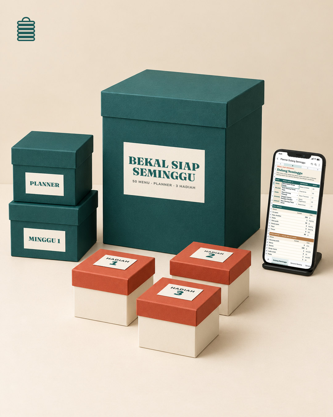 Bekal Siap Seminggu: kotak Buku 50 Menu Bekal, Planner Dulang Seminggu, Minggu Pertama Siap dan 3 kotak hadiah